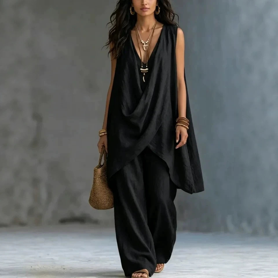 Women's Sleeveless Stand Collar Solid Color Cotton Linen Suit Elegant Loose Resort Style Spring Summer_ecoleips.com