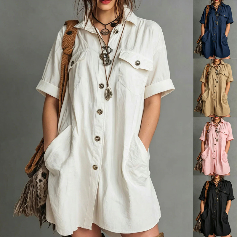 2026 Summer Versatile Single-Breasted Shirt Dress Workwear Style Loose Slimming Vacation Casual Dress 2026 Summer Versatile Single-Breasted Shirt Dress Workwear Style Loose Slimming Vacation Casual Dress