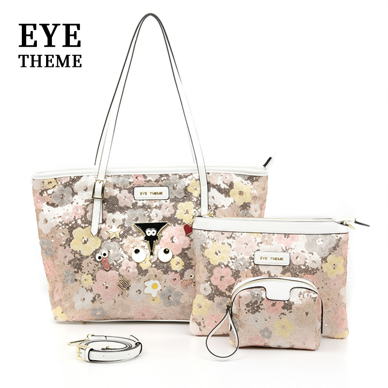 Bolso con cremallera de lentejuelas bordado casual de tres piezas para mujer de gran capacidad