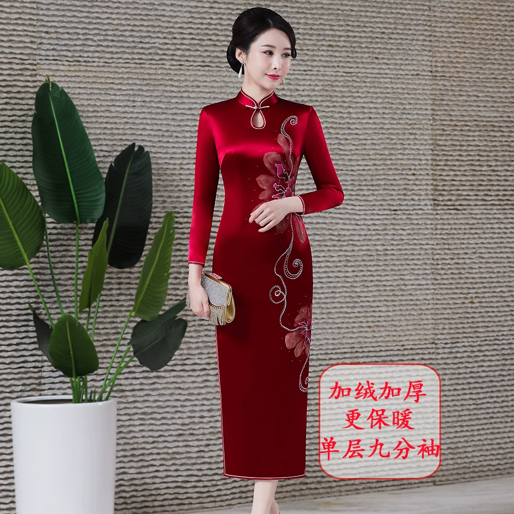 2022 весна новый свадебный тост длинное тяжелое ацетатное платье Чонсам в стиле ретро Улучшенная Мода с рукавом 3/4