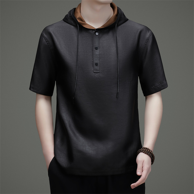 Áo thun nam cổ tròn dáng rộng tay ngắn chất liệu Hương Vân Sa họa tiết vân rùa — Da đen 66087