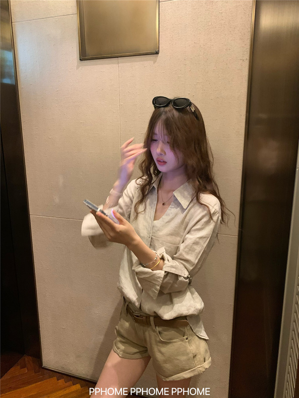 PPHOME自制~高智oni 老钱V领松弛感阔版亚麻长袖衬衫原麻防晒衬衫|undefined