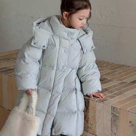 BO童装2025冬装新款韩系三防羽绒服女童长款国标90白鸭绒连帽潮款