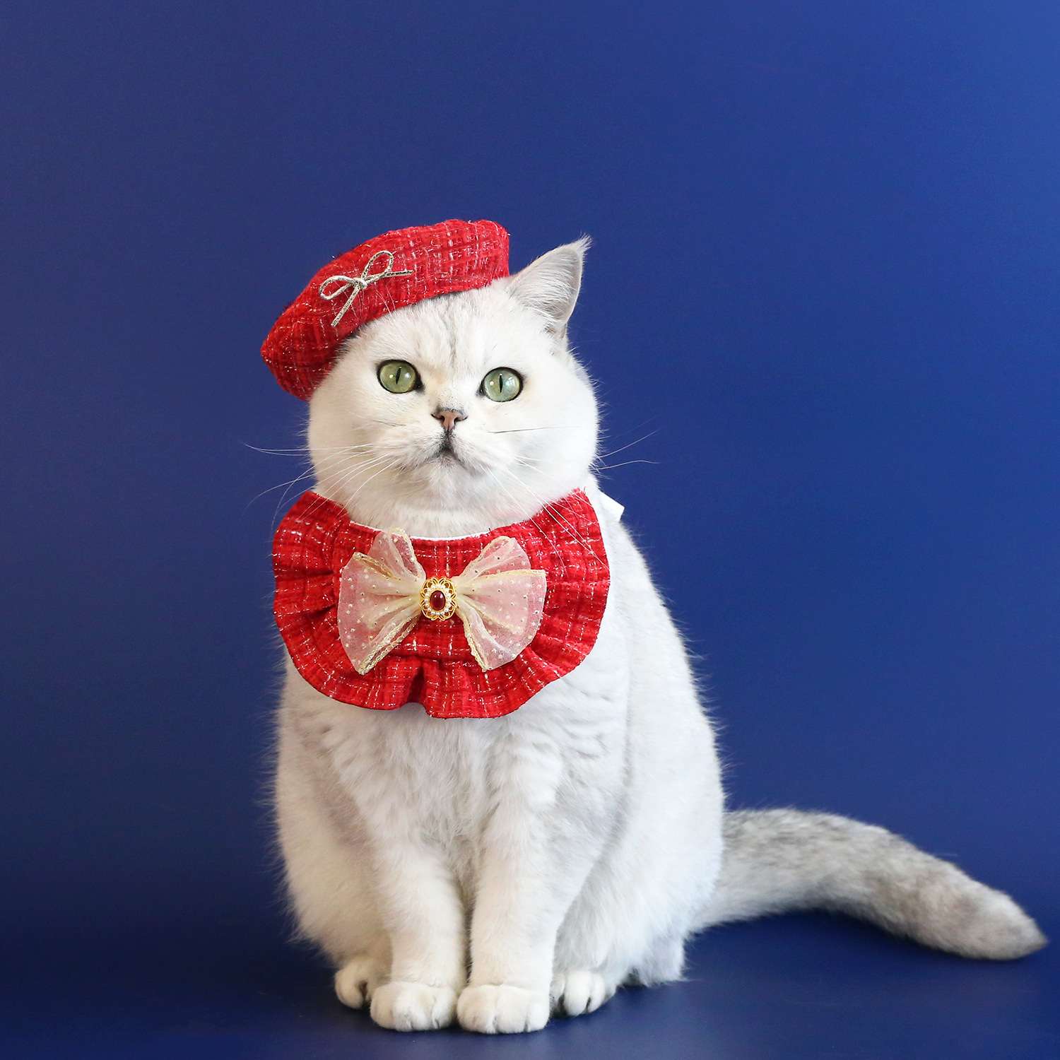 Mascotas de Año Nuevo Celebrativo de encaje Sombrero de borda de oro gemas arco Teddy perros gatos set rojo image 9