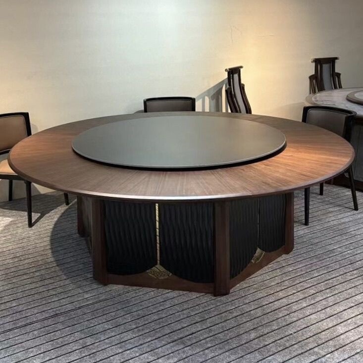 New Chinese-Style Hotel Large Round Table Electric Solid Wood Dining Table with Stone Turntable for 15-20 People, Suitable for Restaurant and Home Use