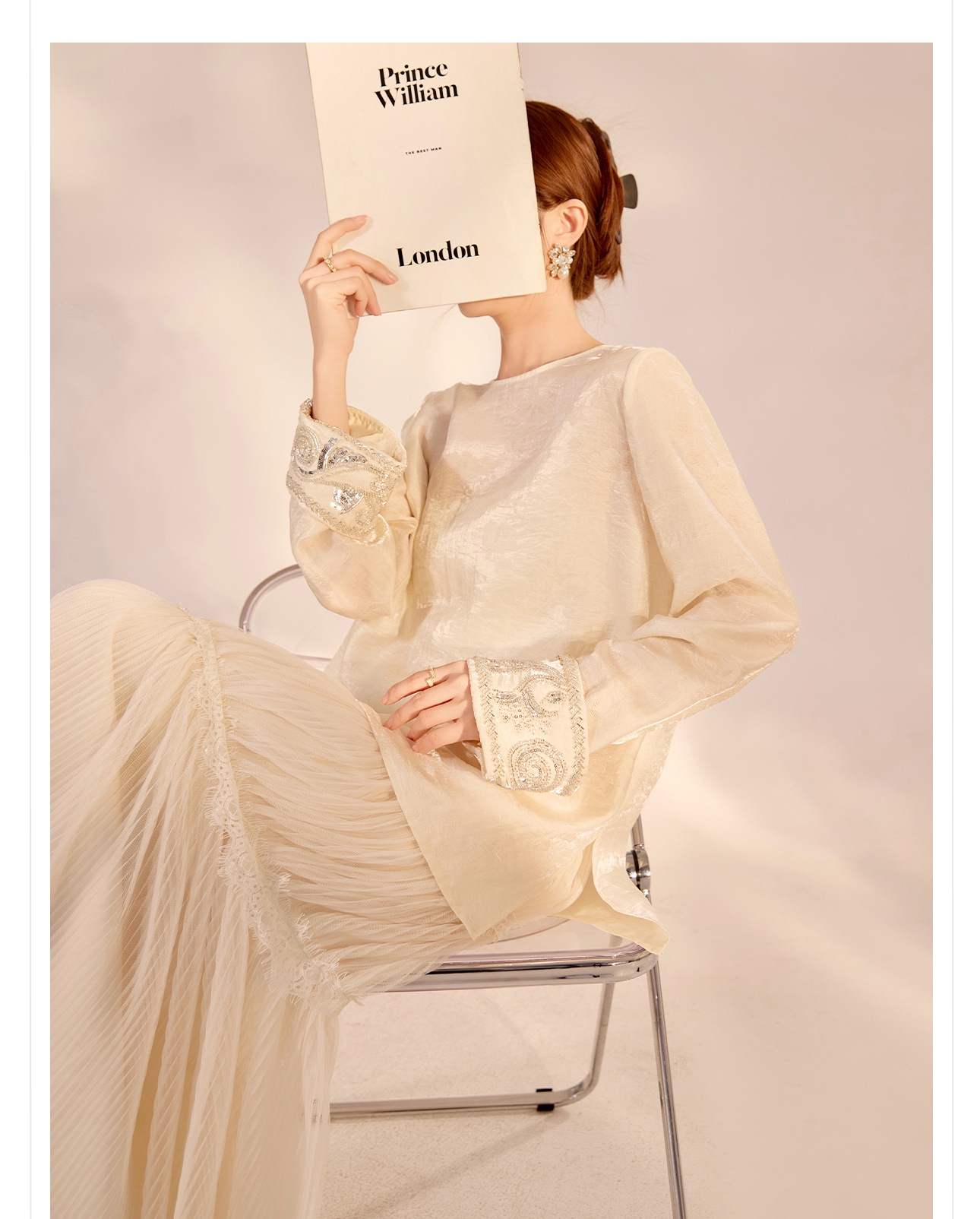Áo sơ mi nữ dài tay phong cách Trung Hoa mới, đính cườm thêu tay, chất liệu rayon mỏng nhẹ N2071 — Màu hồng, Màu trắng be, Màu vàng nhạt chi tiết 9