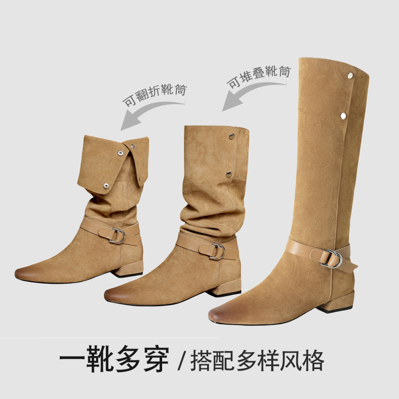 三种穿法美拉德堆堆西部牛仔靴2025粗低跟皮带扣牛反绒面高筒长靴|undefined