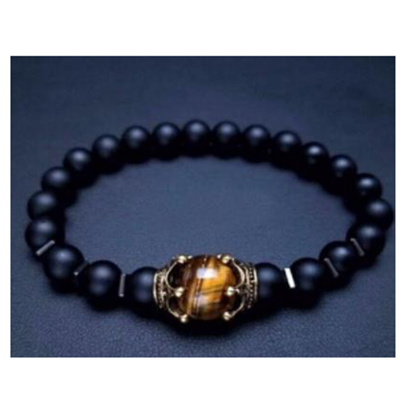 Pulsera de los hombres corona Ojo de Tigre cuentas de piedra de Buda pulsera brazalete vintage piedra volcánica mate brillante pulsera de moda