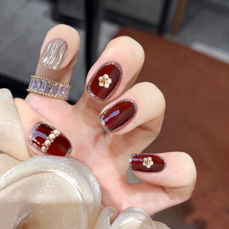 X004 fake nail stickers wear nail patch nail patch red beaded water ripple nail patch nail patch finished short