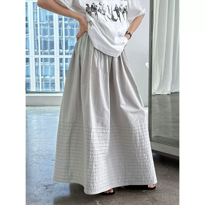 鹿西 韩系简约直筒条纹褶皱半身裙女夏季新款重工高腰A字伞裙3591