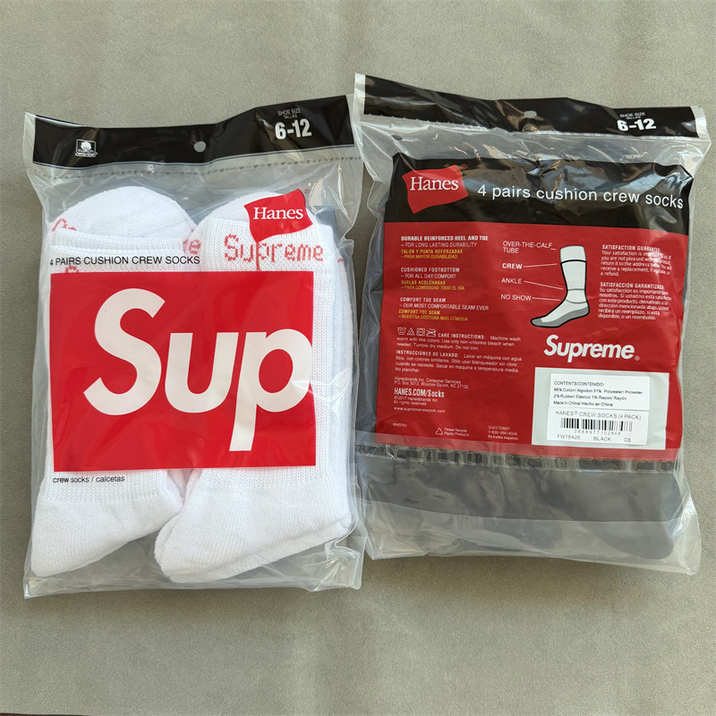 New Supreme Collaboration Cotton Socks for Men, Trendy High-Top Sports Socks, 4-Pack, Sweat-Absorbent, Breathable, Casual Terry Socks
