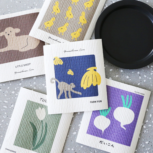 Kitchen creative water-absorbent cleaning dishcloth Printed simple thickened wood pulp cotton bamboo fiber rag