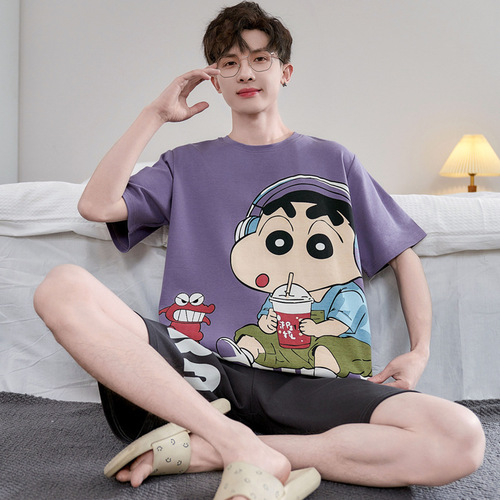 Men's Cotton Short-Sleeve Summer Thin Cartoon Student Summer Plus-Size Teenager 100% Cotton Homecoming Suit Set