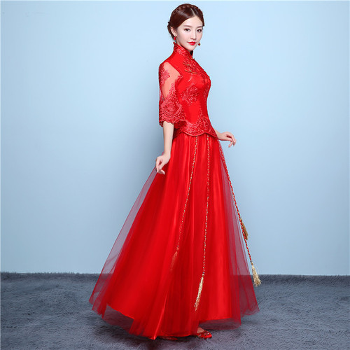 Toast the bride Chinese style dress female bridal chinese wedding party XiuHe dresses red wedding clothes dragon phoenix Chinese dress lace wedding gown