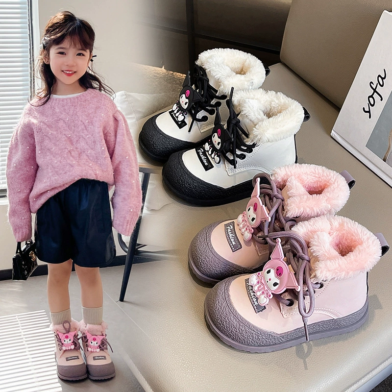 Детские хлопковые сапоги 2025 года, новая осенне-зимняя коллекция, теплые ботинки Kuromi на мягкой подошве, утепленные флисом, для малышей