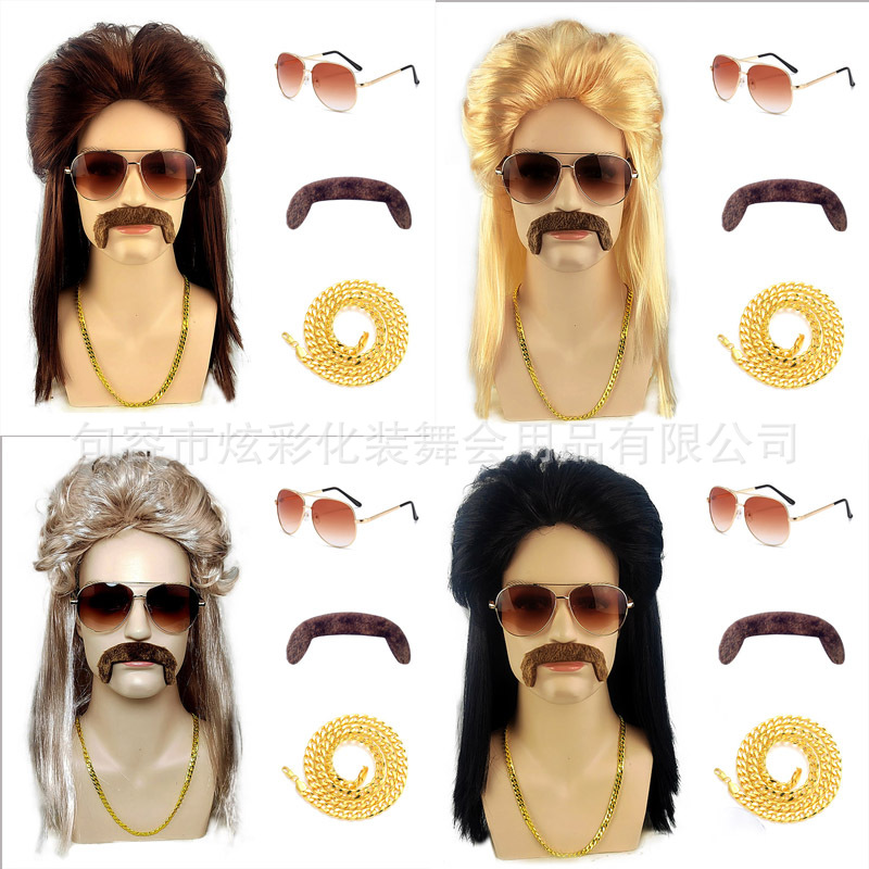Herring Wig European and American Rock Style Short Curly Hair Fluffy Heavy Metal Necklace Beard Set Cross-Border Hot Sale