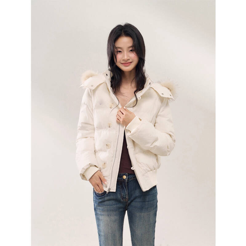 2025 New Fashion Hooded Fur Collar down Jacket for Women White Duck down Small Retro Design Thickeneded Jacket