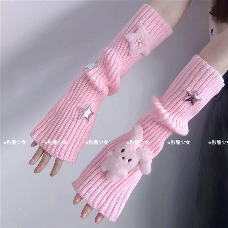 Dopamine Cute Rabbit Sleeve New Y2K Knitted Heap Gloves Sweet Stars Sunscreen Striped Socks