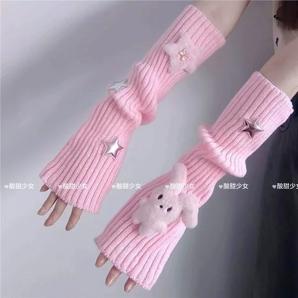 Dopamine Cute Rabbit Sleeve New Y2K Knitted Heap Gloves Sweet Stars Sunscreen Striped Socks