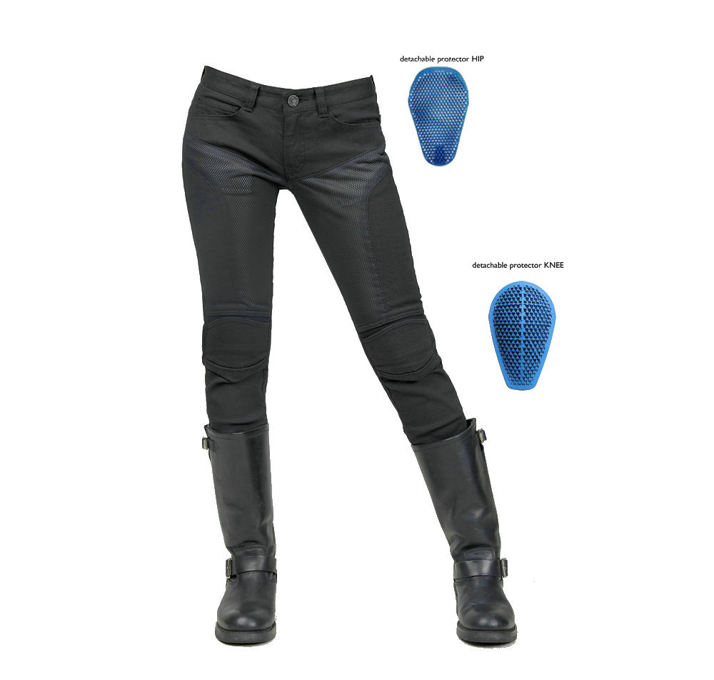 Jeans de motocicleta de mujer verde delgado de verano malla transpirable locomotora pantalones de rodilla ajustable