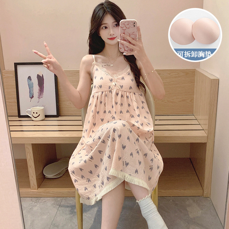 Pijamas de verano de niña cabina larga falda cojín de pecho camiseta ropa casera nubes de algodón dulce ropa casera