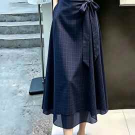 藏青色格纹绑带雪纺半身裙女2026年夏季流行新款洋气A字裙子
