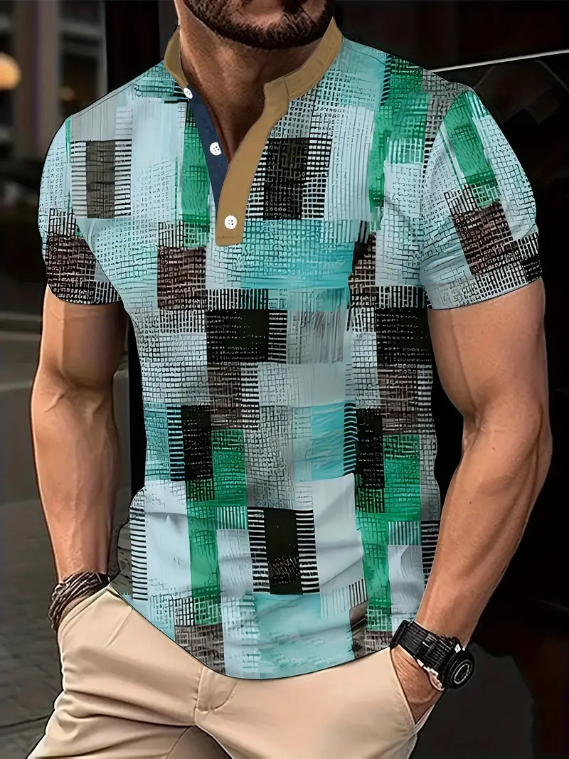 Nuevo estilo transfronterizo de verano 3d geométrico cubo estampado cuello alto botón de manga corta polo playa casual ME13