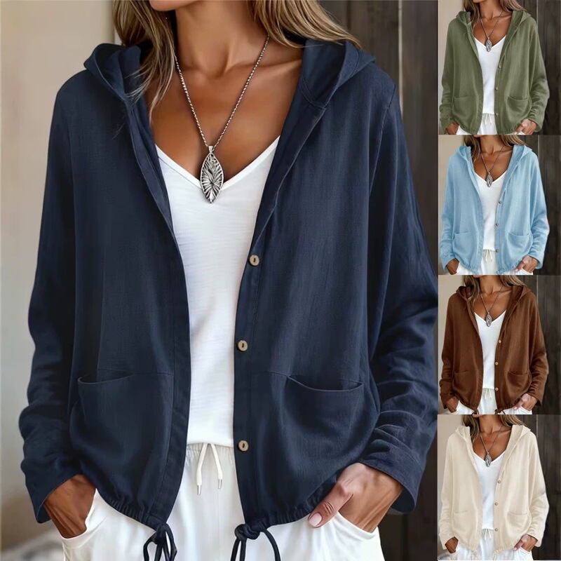 Cross-border European and American TikTok new fashion women's hooded pocket solid color simple and elegant long-sleeve coat Cross-border European and American TikTok new fashion women's hooded pocket solid color simple and elegant long-sleeve coat