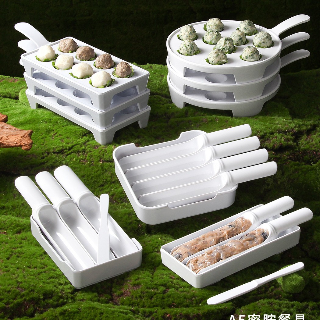 密胺餐具盘子商用火锅虾滑模具虾滑盘创意带把可叠加丸子盘加厚