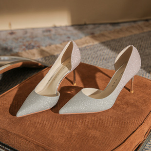 83311 French Small High Heels for Women 2025 New Sexy Gradient Wedding Shoes Pointed Toe Stiletto Heels Shallow Mouth Side Hollow Shoes