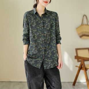 2023 early autumn new artistic retro printed cotton and linen long sleeve plus size loose shirt for women
