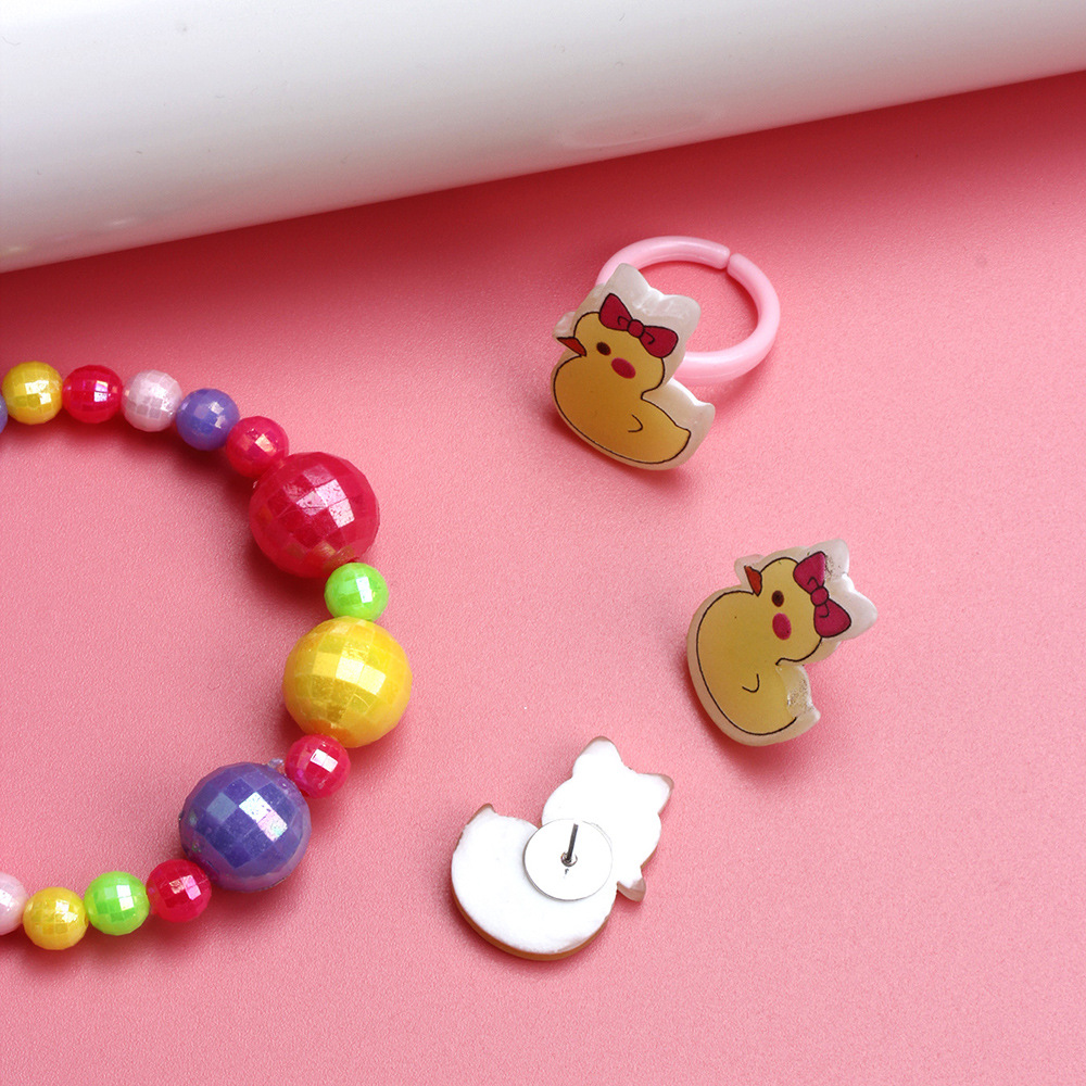 Cute Duck Resin Beaded No Inlaid Rings Bracelets Earrings 3 Piece Set display picture 4