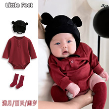 宝宝婴儿春夏包屁衣新生婴幼儿红色百天满月服喜庆长袖三角哈衣