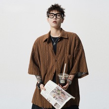 日系复古小众设计垂感镂空短袖衬衫男民族风休闲男士半袖衬衣外套