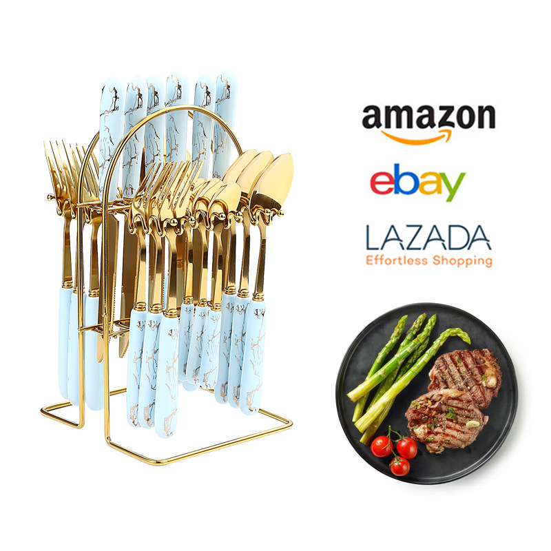 Amazon Tik Tok popular Luz de lujo de cerámica manejar cuatro piezas principales vajilla de acero inoxidable 24 piezas traje de cuchillos, tenedores y cucharas