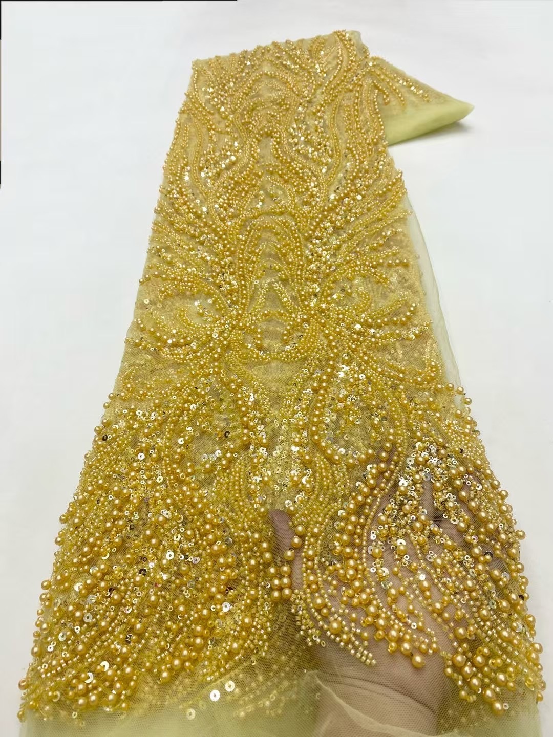 Tela de encaje francesa con lentejuelas de alta resistencia para vestidos de novia, bordado con cuentas y bordado 3D al por mayor de fábrica.