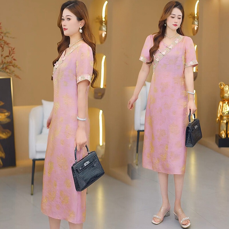 Elegant Mom Style Summer New Chinese Style Dress, Fashionable Jacquard Loose Fit Slimming Age-Reducing Qipao Dress
