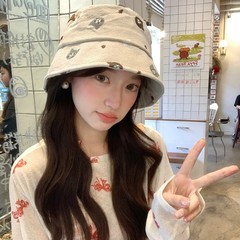 日系可爱猫咪刺绣渔夫帽女夏季2025新款户外遮阳帽子出游素颜盆帽
