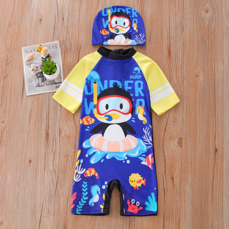 Nuevo traje de baño para niños, traje de baño para niños de una pieza para niños de mediana edad, traje de baño de pingüino pequeño de dibujos animados del tesoro para hombres, protector solar UPF50