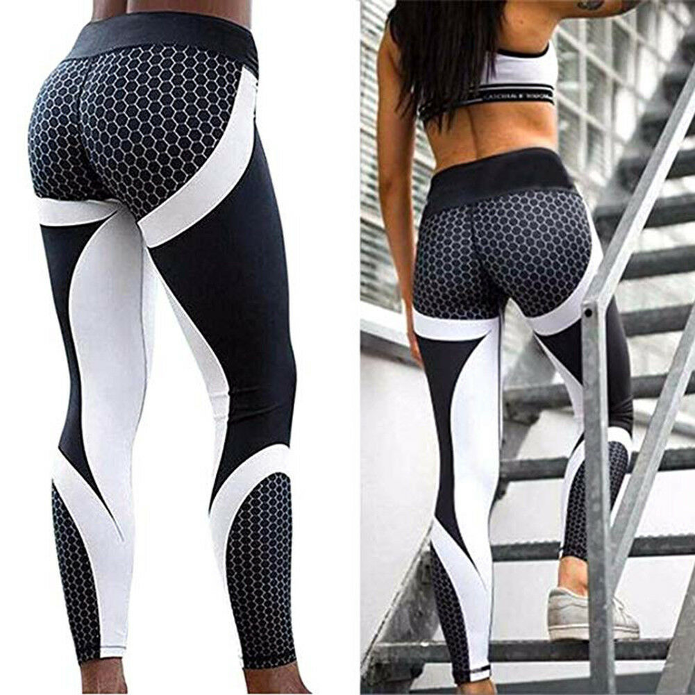 Women High Waist Geometric Honeycomb Yoga Leggings Black White