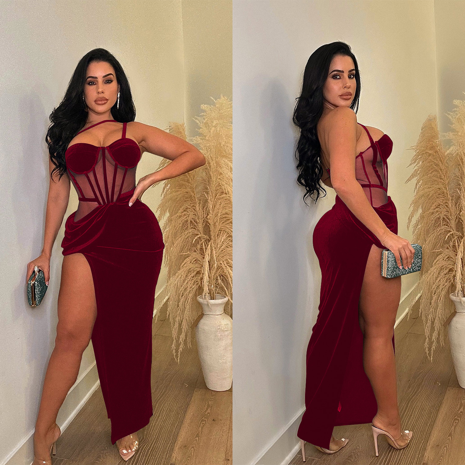 C6732 transfronteriza AliExpress Amazon Europa y América de las mujeres de moda de color sólido correa de malla vestido de la División