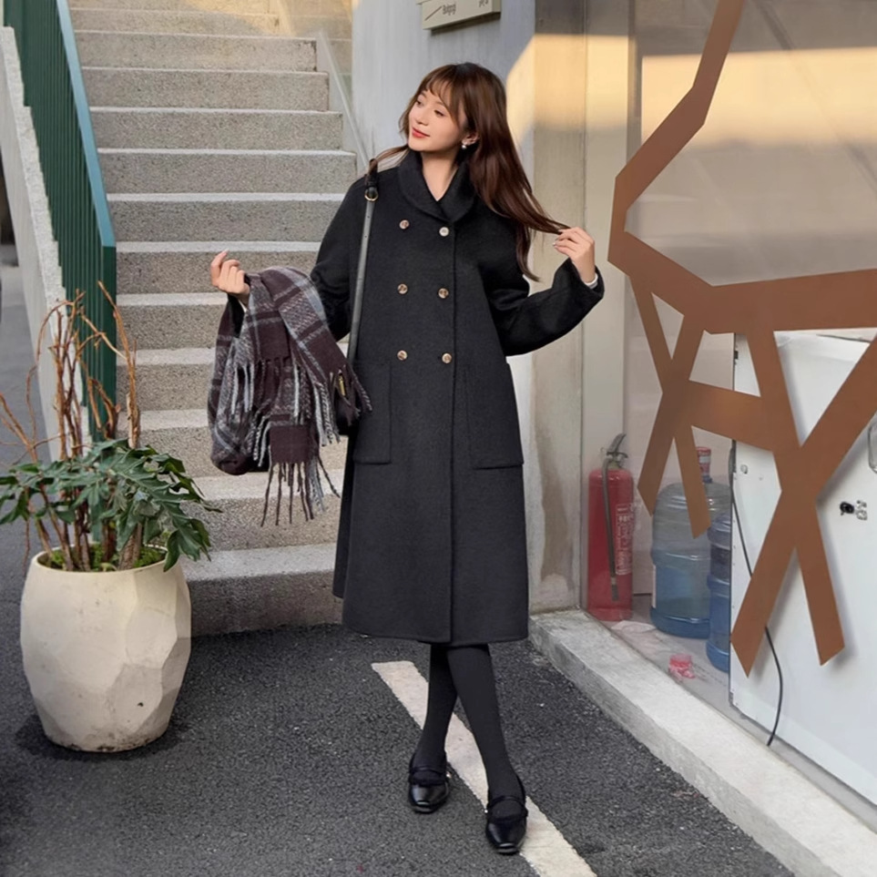 25909 Autumn and Winter Retro Korean Fashion Classic Versatile Double-Breasted Long Warm Double-Sided Wool Coat