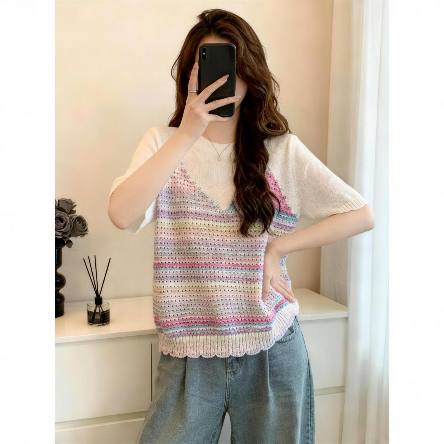Áo thun nữ tay ngắn phối ren giả hai lớp dệt kim mềm mại — màu trắng chi tiết 2