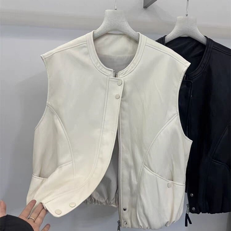 Women's short leather vest, 2026 spring new style, loose and slimming, biker leather jacket, casual top Women's short leather vest, 2026 spring new style, loose and slimming, biker leather jacket, casual top
