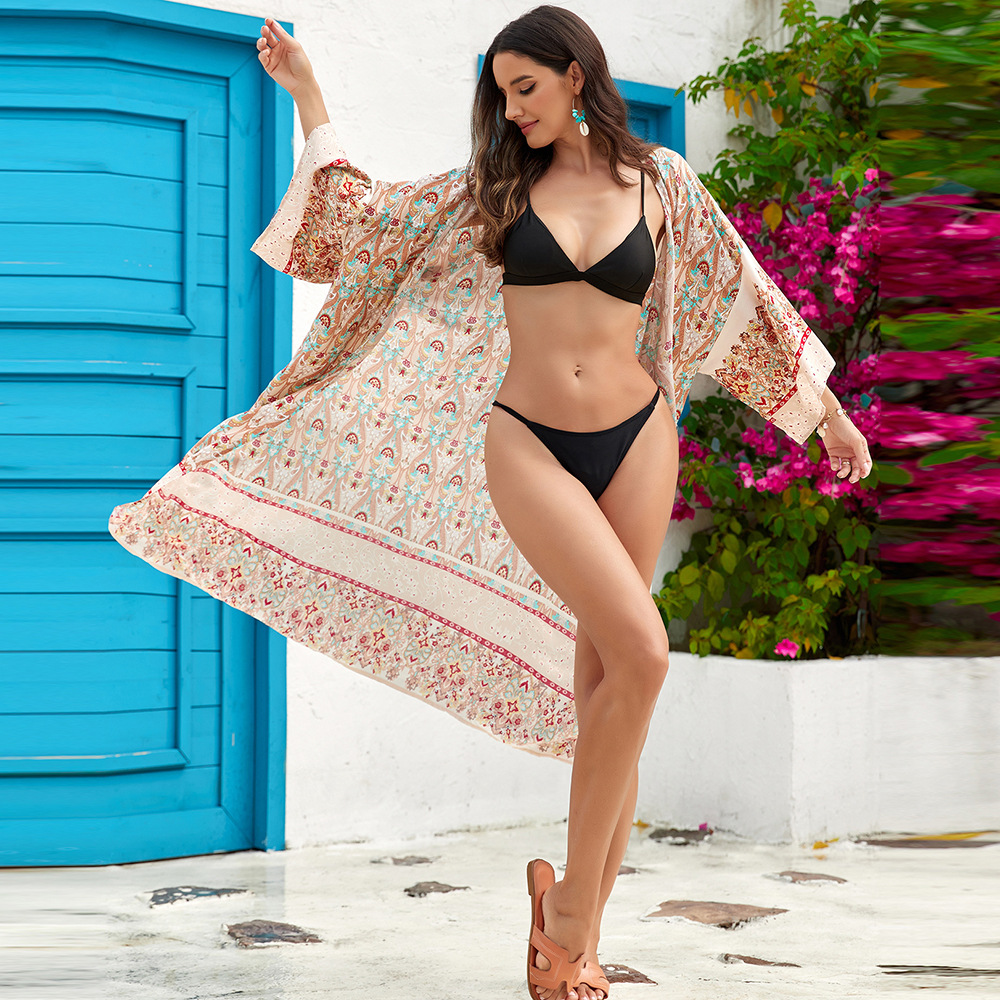 2 colores transfronterizos Amazon nuevo rayón impreso protector solar chal vacaciones playa vestido bikini cubierta blusa 3818