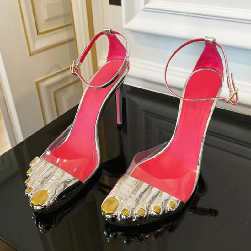 Transparent Gold Toe DIY Sandals for Women 2025 Summer New Style Stiletto Heel Ankle Strap Foreign Trade High Heels