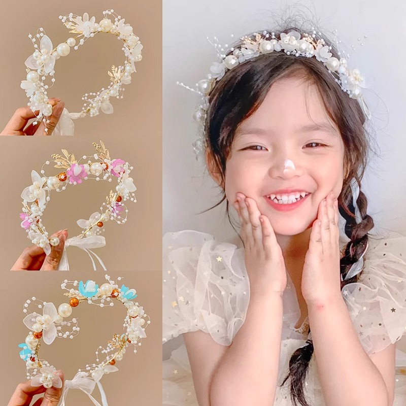 Guirnaldas de niños princesa joyeros de cabello super niña flores perlas flotantes tocado dulce mariposa banda de cabello roja