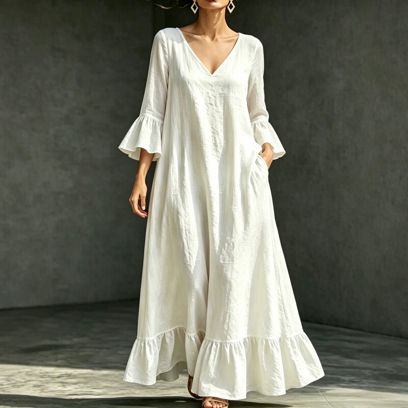 2026 Amazon European and American Cross-Border Women's Clothing Spring and Summer New Style Three-Quarter Sleeve Dress Loose V-Neck Ruffled Long Dress