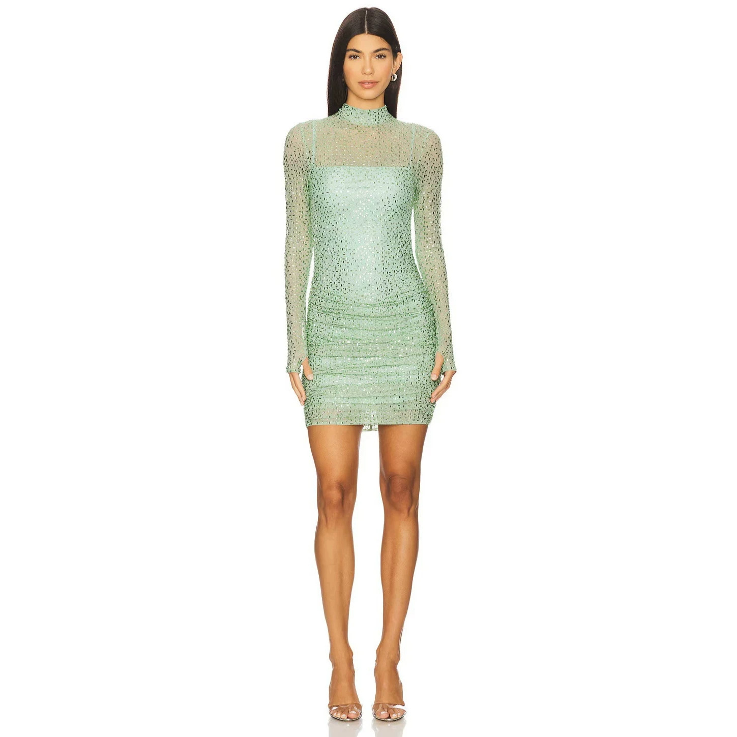 European and American style, full of rhinestones and sequins, asymmetrical neckline, rhinestone-embellished short skirt, pleated, with a slit, long sleeves, tight-fitting, sexy dress for women