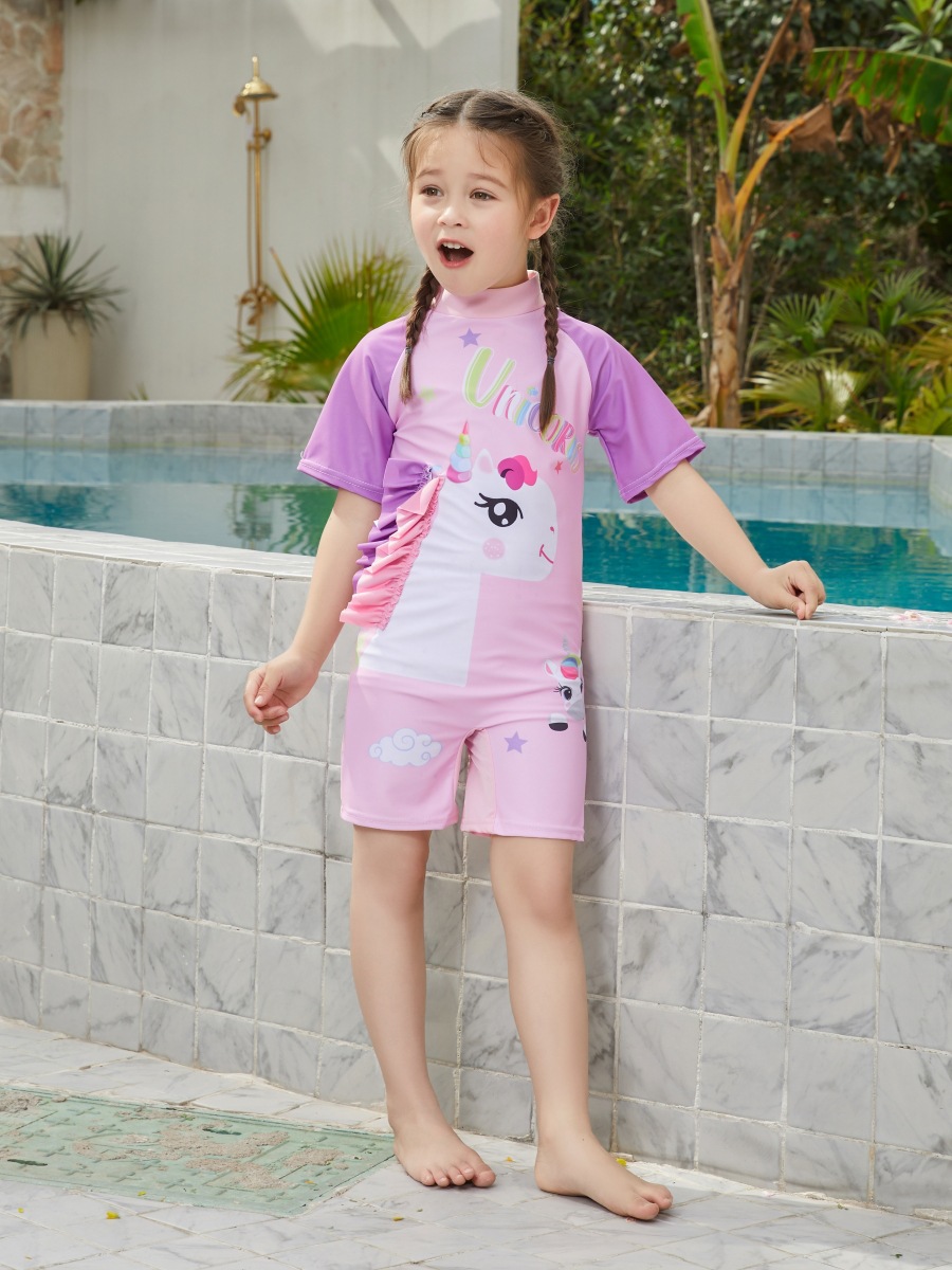 Comercio exterior del sudeste asiático traje de baño para niños niñas de dibujos animados de una pieza de manga corta protector solar para niñas ropa de viaje de secado rápido para niñas